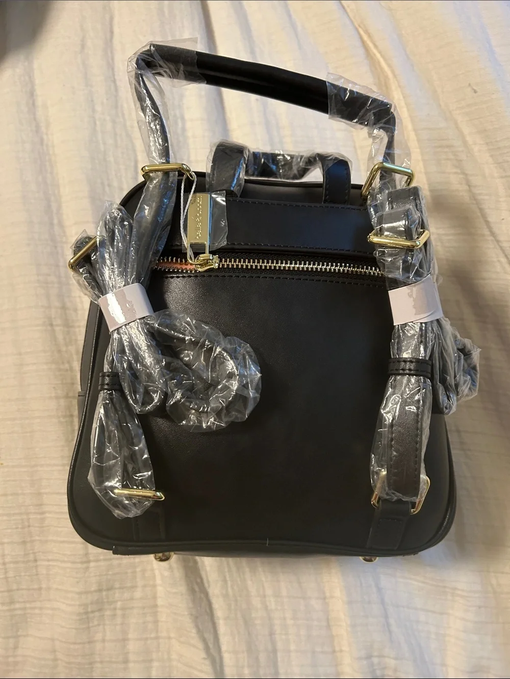 Black Mini Faux Leather Backpack with Gold Hardware